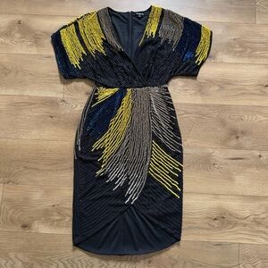 Gianni Bini Sequin Cocktail Dress Size 2 Black Yellow Blue V-Neck Party